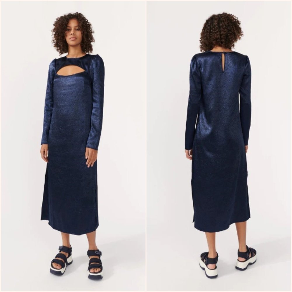 Baum und Pferdgarten Aneto Crinkle Satin Cutout Long‎ Sleeve Midi Dress Navy 4